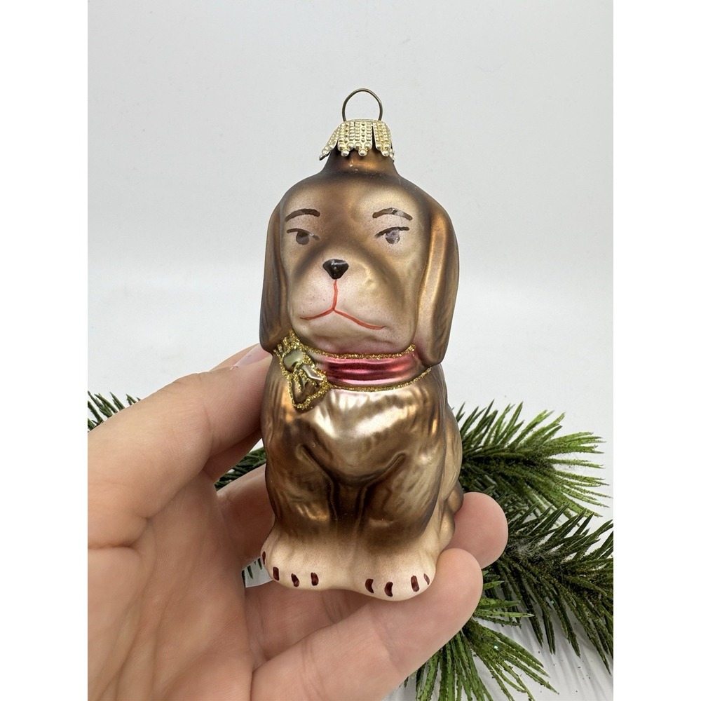 Vtg Brown Dog Hand Blown Glass Christmas Ornament